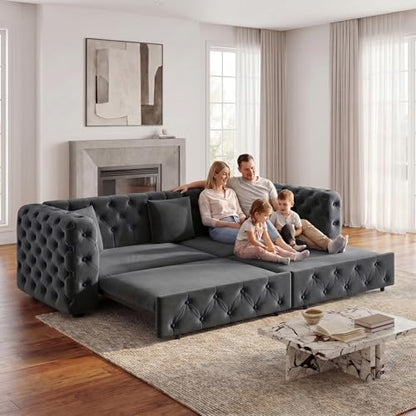 89" 4-Seater Queen Size Pull Out Sofa Bed with 3 Pillows, Gray | 4-Seater Classic Velvet Sofa with Tufted Design,3 Pillows,89" Extra Large 3-in-1 Pull Out Sofa - color: Q-dark Gray-w02