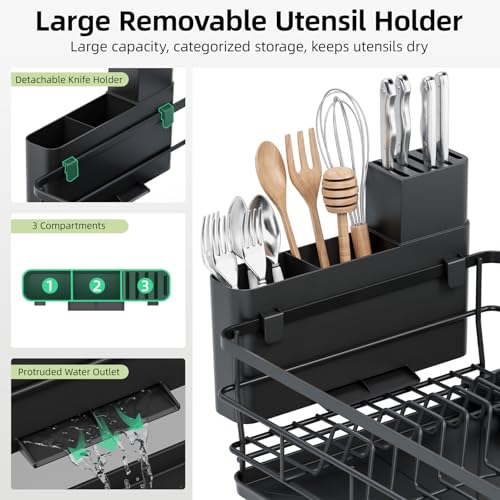 TOOLF Expandable Dish Drying Rack for Kitchen Counter, Black | Extendable 12"-22"W, Fast Draining, Large Capacity, Fits Large Plates, Utensil Holder, 3-4 People Family - size: 1-Tier(Front Extension)