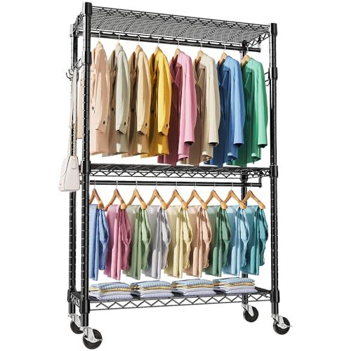 M MZG Heavy Duty Rolling Garment Rack 3 Tiers Adjustable Wire Shelving Clothes Rack with 2 Rods and Side Hooks, Storage Closet Clothing Rack with Wheels Black 17.7" D x 47.2" W x 83.6" H - color: Black, size: 3 Tiers with 2 rods, 17.7"D x 47.2"W x 83.6"H
