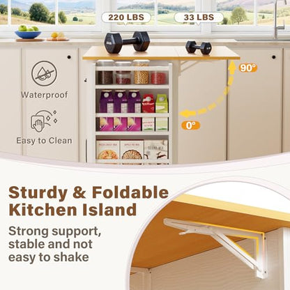 YESHOMY Kitchen Island on Wheels with Trash Cabinet, 56" Mobile Cart with Drop Leaf and Drawers, Rolling Portable Table with Spice Rack & Towel Holder for Dining Room, White & Oak - color: White & Oak