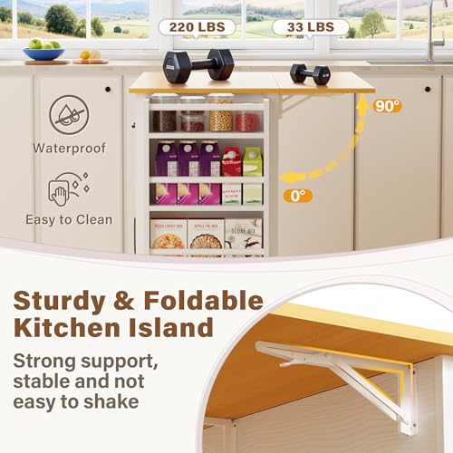 YESHOMY Kitchen Island on Wheels with Trash Cabinet, 56" Mobile Cart with Drop Leaf and Drawers, Rolling Portable Table with Spice Rack & Towel Holder for Dining Room, White & Brown - color: White & Brown