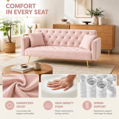 Anwick 72''Modern Velvet Sofa Bed Futon,Convertible Folding Sleeper Couches with 3 Adjustable Backrests,Tufted Recliner Loveseat with Golden Chrome Legs for Living Room Apartment Office (Pink-new) - color: Pink-new