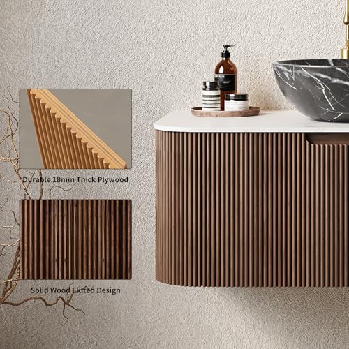 30” Floating Bathroom Vanity with Sink, Fluted Wall-Mounted Solid Wood Cabinet, Black Marble-Patterned Bowl Basin, Faux Marble Top, Soft-Close Drawer, Pre-Assembled, Walnut Woodgrain - color: 05 - Walnut Woodgrain, size: 30"