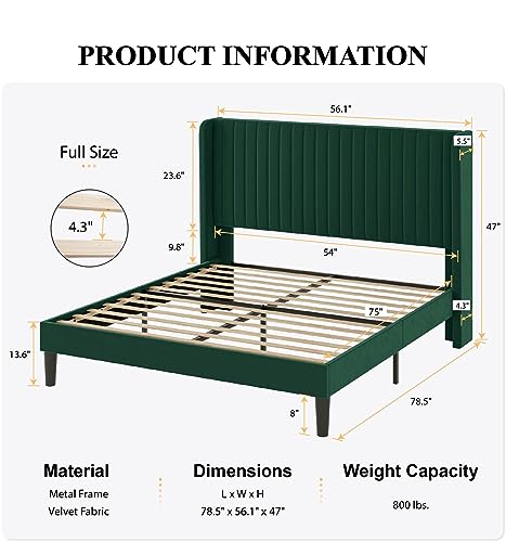 SHA CERLIN Full Size Velvet Bed Frame, Tufted Wingback Headboard, Green | 47'' Modern Vertical Channel Headboard, Upholstered Platform Bed, Wood Slats, No Box Spring Needed, Easy Assembly, Noise Free - color: Green, size: Full