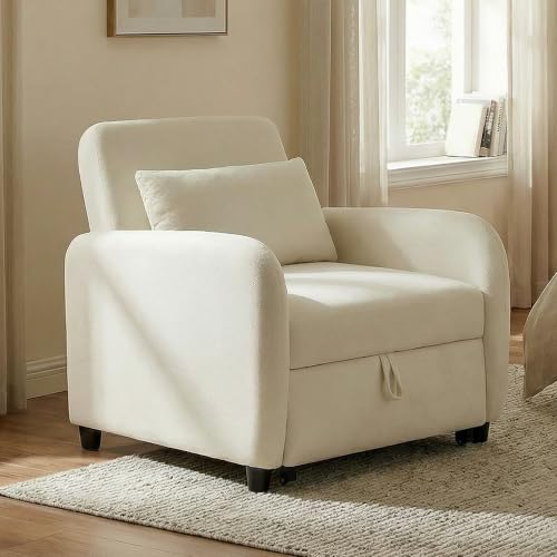 CHITA Sleeper Chair, Pull Out 3-in-1 Convertible Single Sofa Bed Chair with Adjustable Backrest, Chenille Chaise Lounge Chair for Living Room, Bedroom & Apartment - color: Cream