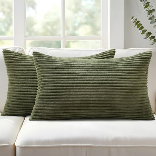 Mecatny Corduroy 가을 장식용 쿠션 커버 30.5x50.8cm(12x20인치) 2개 세트 | 부드러운 스트라이프 질감, 숨겨진 지퍼 디자인, 중립 보헤미안 요추 베개 커버, 소파 소파 거실 침실, 홈 데코용 - color: 올리브 그린., size: 20" x 12" (Pack of 2)