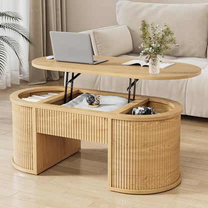47.2" Oval Fluted Lift Top Coffee Table with Hidden Compartment, Natural | Lifting Tabletop,Timeless Fluted Wood Aesthetic,Spacious Hidden Storage,Supporting up to 150 lbs - color: Natural