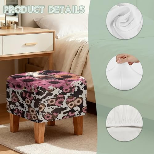 Pink Cow Daisy Print Stretch Ottoman Cover Square Fit 13x13x15 inch Easy to Install Footrest Sofa Slipcovers Stool Cover Footstool Protector Covers - color: Pink Cow Daisy