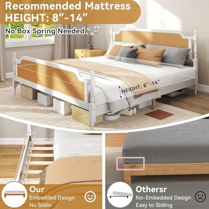 Full Size Bed Frame with Natural Rattan Headboard and Footboard, Solid Pine Wood Platform Bed, Mid Century Bohemian Style, No Box Spring Needed, White+Walnut