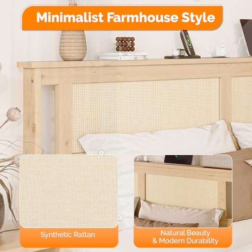 VINGLI Rattan King Bed Frame with Rattan Headboard,Boho Platform Bed with Charging Station and Underbed Storage for Bedroom,Solid Wooden Slats Surpport, Noise Free,Natural - size: King