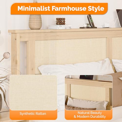 VINGLI Rattan King Bed Frame with Rattan Headboard,Boho Platform Bed with Charging Station and Underbed Storage for Bedroom,Solid Wooden Slats Surpport, Noise Free,Natural - size: King