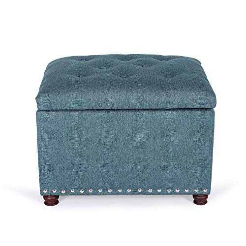 Adeco Rectangular Storage Ottoman Foot Rest Stool, Fabric Button Tufted Storage Ottoman with Hinged Lid (Cyan) - color: Cyan