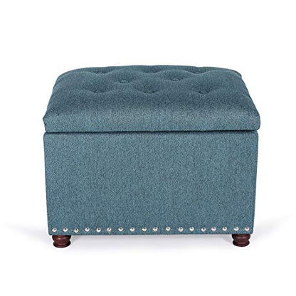 Adeco Rectangular Storage Ottoman Foot Rest Stool, Fabric Button Tufted Storage Ottoman with Hinged Lid (Cyan) - color: Cyan