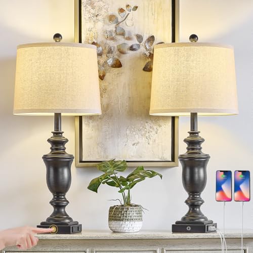 SAIWEYA 27.5" Set of 2 Farmhouse Table Lamps for Bedroom with AC Outlet | USB A+C Ports, 3 Way Dimmable Touch Control , Nightstand Lamps for Bedside, LED Bulb Included - color: Antique Black-27.5in