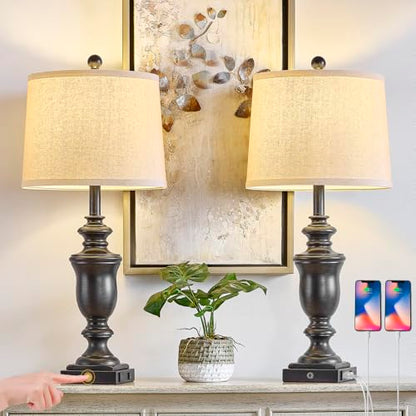 SAIWEYA 27.5" Set of 2 Farmhouse Table Lamps for Bedroom with AC Outlet | USB A+C Ports, 3 Way Dimmable Touch Control , Nightstand Lamps for Bedside, LED Bulb Included - color: Antique Black-27.5in