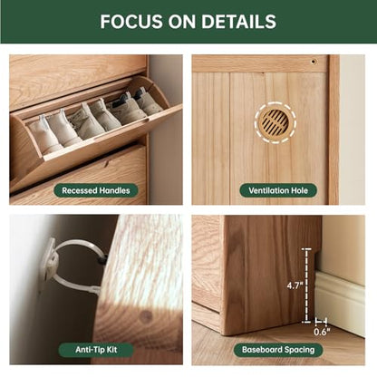 Fully-Assembled Oak Shoe Cabinet with 3 Flip Drawers, Solid Wood Shoe Storage Cabinet, Narrow Shoe Organizer for Entryway, 7.9" x 33.5" x 45.7", Oak Wood, Natural - color: Natural