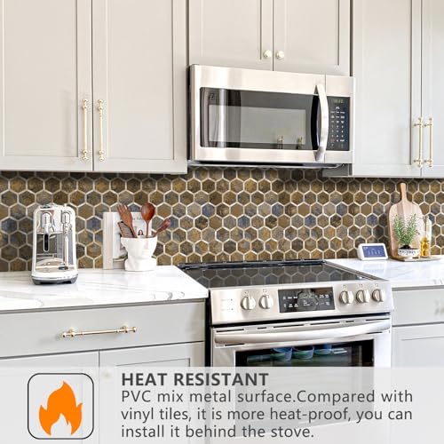 STICKGOO Hexagon Peel and Stick Backsplash Tile, Stick on Backsplash for Kitchen and Bathroom, Rust Slate Look PVC Mixed Metal Gold Self Adhesive Metal Mosaic Tiles(10 Sheets, Seamless) - color: Rust Slate with Metal Gold
