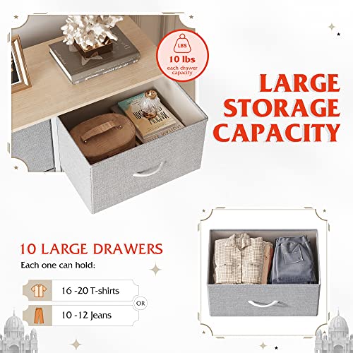 WLIVE Tall Dresser for Bedroom with 10 Fabric Drawers, Light Grey | 10 Drawers, Fabric Dresser for Closet, Storage Tower with Cabinet, Metal Frame - color: Light Grey