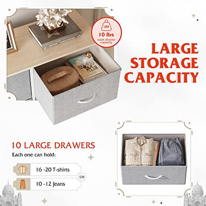 WLIVE Tall Dresser for Bedroom with 10 Fabric Drawers, Light Grey | 10 Drawers, Fabric Dresser for Closet, Storage Tower with Cabinet, Metal Frame - color: Light Grey