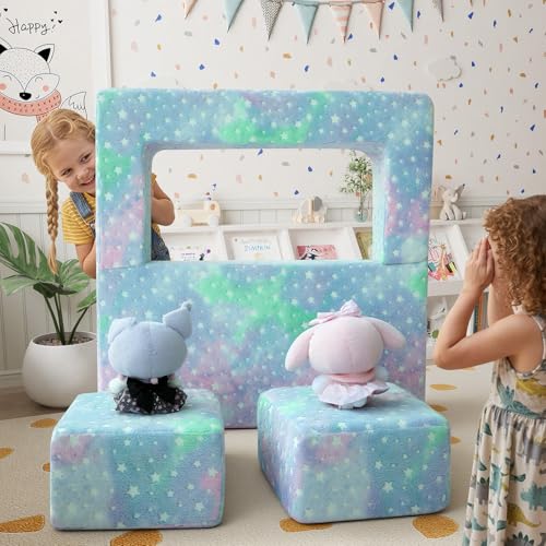 MeMoreCool Glow in Dark Star Kids Couch, Modular Fold Out Loveseat | Glow in dark star kids couch, colorful modular loveseat for bedroom playroom furniture - color: Colourful Star