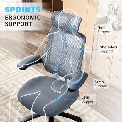 500lbs Big and Tall Office Chair - Heavy Duty Mesh Ergonomic Desk Chair with Headrest, High Back Computer Chair - Flip-up Armrests, Wide Thick Seat Cushion, Quiet Wheels, Grey - color: Grey With Headrest