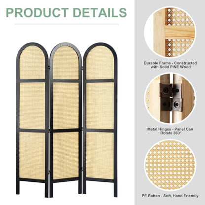 Svimi Room Divider and Folding Privacy Screens, Pine Wood 5.6 Ft Double Hinged Rattan Partition Freestanding Wall Room Divider for Home - 3 Panels - color: Black/Natural