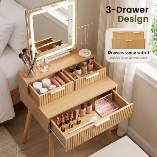 Small Vanity Desk with Lights Mirror, Compact Makeup Vanity Table with Stool, Fluted Wood Vanity with Power Outlet, 3 Color Adjustable LED, Large Drawers, Modern Dressing Table for Bedroom