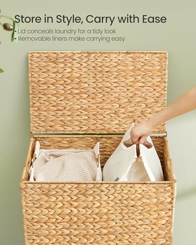 SONGMICS Laundry Hamper 2 Sections, 34.3 Gal. (130 L) Handwoven Water Hyacinth Wicker Laundry Basket with Lid, Natural Material, Removable Machine Washable Liners, Handles, Natural ULCB202Y01 - color: Natural, size: 130 L (Handwoven）