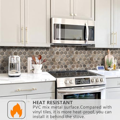 STICKGOO Hexagon Peel and Stick Backsplash Tile, Stick on Backsplash for Kitchen and Bathroom, Wood Texture PVC Mixed Metal Gold Self Adhesive Wall Tiles(10 Sheets, Seamless) - color: Wood Texture with Metal Gold