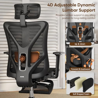 Ergonomic Office Chair with Footrest, 135° Reclining Desk Chair with Adjustable Lumbar Support,3D Armrest,Headrest & Large Steel Base, 300LBS Heavy Duty Mesh Chair - color: Onyx Black, size: 20.6X19.1X42.7~48.8 Inches