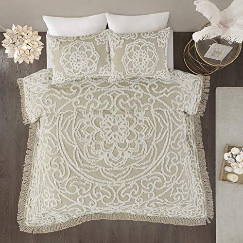 Madison Park Laetitia Lightweight 100% Cotton Quilt Set, Breathable Chenille Tufted, Shabby Chic Boho Medallion Design, Sham, Floral Taupe w/ Tassels, Full/Queen-2 Piece | Lightweight Bedding Set, Shabby Chic, Boho, Medallion, Floral, Machine Washable, Ea