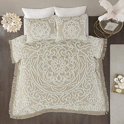 Madison Park Laetitia Lightweight 100% Cotton Quilt Set, Breathable Chenille Tufted, Shabby Chic Boho Medallion Design, Sham, Floral Taupe w/ Tassels, Full/Queen-2 Piece | Lightweight Bedding Set, Shabby Chic, Boho, Medallion, Floral, Machine Washable, Ea