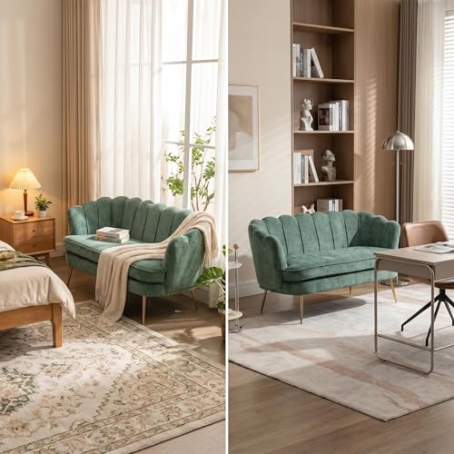 Modern Green Chenille Loveseat Couch Futon Small Sofa with Gold Metal Legs | 2-Seater Upholstered Mini Sofa Couches for Small Space Living Room Bedroom Office Dorm Studio Apartment Love Seat Couche - color: Green
