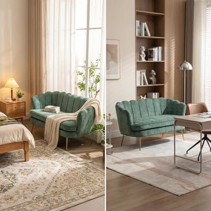 Modern Green Chenille Loveseat Couch Futon Small Sofa with Gold Metal Legs | 2-Seater Upholstered Mini Sofa Couches for Small Space Living Room Bedroom Office Dorm Studio Apartment Love Seat Couche - color: Green