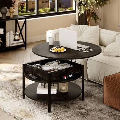 FABATO 26.77” Round Lift Top Coffee Table with Storage, Black Oak | Farmhouse Coffee Table, 2 Tier Small Round Center Table, Center Table for Living Room, Circle Dining Table - color: Black Oak
