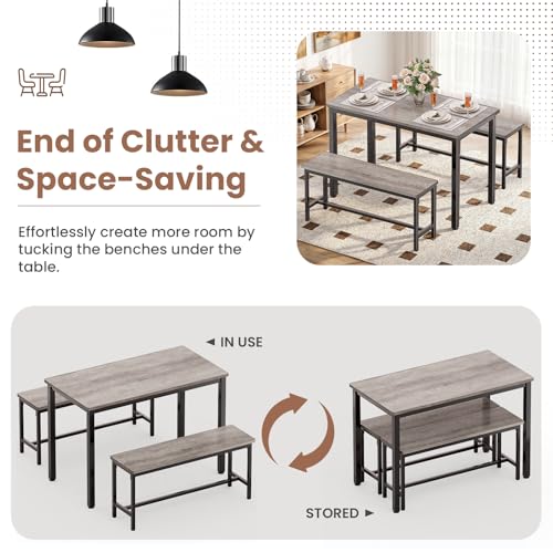 Dining Table Set for 4, Kitchen Table with 2 Benchs, Grey | Modern Functional 3 Piece Space-Saving Dining Room Table Set for Apartment, Breakfast Nook, Small Space - color: Grey