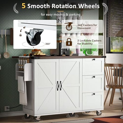 Kitchen Island, Rolling Kitchen Cart with Power Outlet | Built-in power outlet, 2 AC outlets and 2 USB ports, easy charging for coffee maker, juicer, toaster, or devices - color: White + Particle Board+mdf