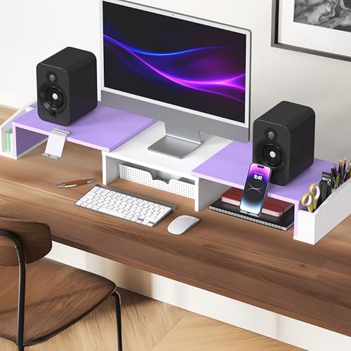 Simple Houseware Desk Dual Monitor Stand Riser with Drawer, Purple | Customizable Organizer Tray, Built-In Phone & Tablet Slot and Side Storage - color: Purple