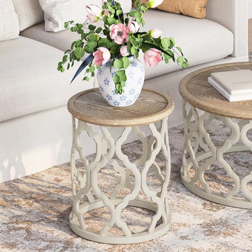 karlott Farmhouse End Table, French Country Tray Round Side Table, Beige | Curved Motif Frame Base With Distressed Tray Top, Boho Accent Table Ideal, End Tables for Living Room, Small Space, Bedroom - size: Tray End Table 18.5 Inches