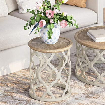karlott Farmhouse End Table, French Country Tray Round Side Table, Beige | Curved Motif Frame Base With Distressed Tray Top, Boho Accent Table Ideal, End Tables for Living Room, Small Space, Bedroom - size: Tray End Table 18.5 Inches