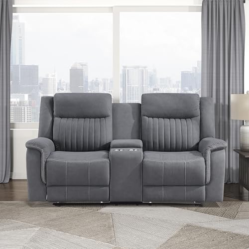 Lexicon 75" W Manual Double Reclining Loveseat with Center Console, Gray | Polished Microfiber Manual Wall Hugger Loveseat Recliner, Cup Holders, for Living Room, Tool Free Assembly - color: Grey, size: Reclining Loveseat