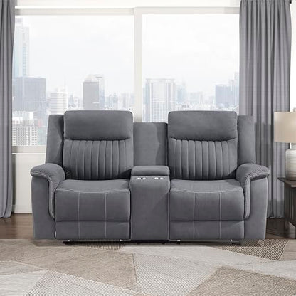 Lexicon 75" W Manual Double Reclining Loveseat with Center Console, Gray | Polished Microfiber Manual Wall Hugger Loveseat Recliner, Cup Holders, for Living Room, Tool Free Assembly - color: Grey, size: Reclining Loveseat