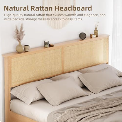 GarveeHome Natural Rattan Queen Size Bed Frame with Storage Cabinets | Cabinet with Sliding Barn Door, LED Light Headboard, Solid Wood Legs Support, No Box Spring Needed - size: Queen