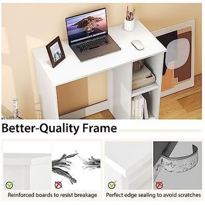 Tangkula Small White Desk with Shelves, Compact Desk for Small Space, Study Writing Table with 2 Tier Shelves, Modern Simple Style Laptop PC Table, White - color: White