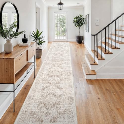 3x20 Washable Runner Rug: Vintage Non Slip Long Hallway Rugs IvoryBeige | Stain Resistant Easy Care Thin Rug Versatile Home Decor Ideal for Entryway Kitchen Living Room & Daily Indoor Walkway Use - color: Ivory/Beige, size: 3x20