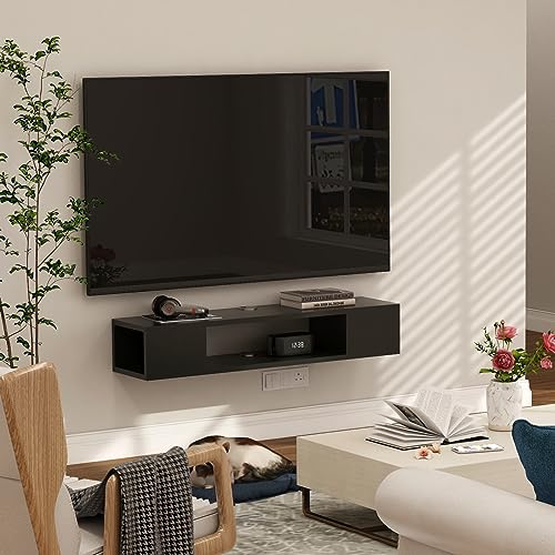 GHC Floating TV Stand, Wall Mounted Entertainment Center and Cabinet Shelf, TV Console with Storage，Media Console for DVD Player, Space-Saving Under TV Shelf for Bedroom, Living Room (Black) - color: Black
