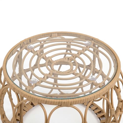 Furniture of America Ysar Boho Rattan Round Coffee Table Outdoor with 5mm Tempered Glass Top, All-Weather and Rust Resistant Patio Furniture - color: Natural/18.9 In.
