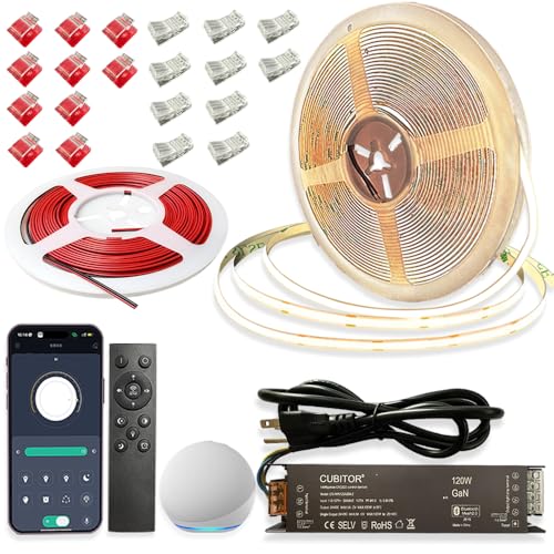CCT COB LED 스트립 조명 키트, 2700K-6500K, 32.8피트/32.8ft / 10m, 조도 조절 및 절단 가능, 스마트 변압기가 있는 24V 테이프 스트립, 리모컨/앱/알렉사 음성 제어, 침실, 선반, 주방 캐비닛 아래 조명용 - color: 1롤 x 32.8피트