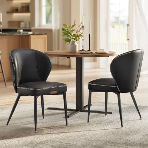 VASAGLE Dining Chairs Set of 2, Upholstered Kitchen Chairs | Synthetic Leather with Stitching, Mid-Century Modern, Easy Assembly, Living Room Lounge, Ink Black - color: Ink Black, size: Set of 2, style: Without Storage