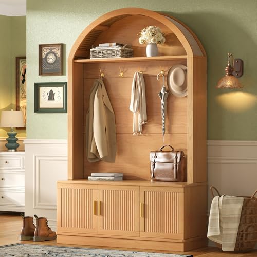 Farmhouse Fabric Arched Top Hall Tree with Wood Grain Finish, All-in-One Mudroom Furniture with Adjustable Shelves, Open Shelf, 5 Metal Hooks, Fluted Door Entryway Bench for Hallway (Natural-42) - color: Natural-42